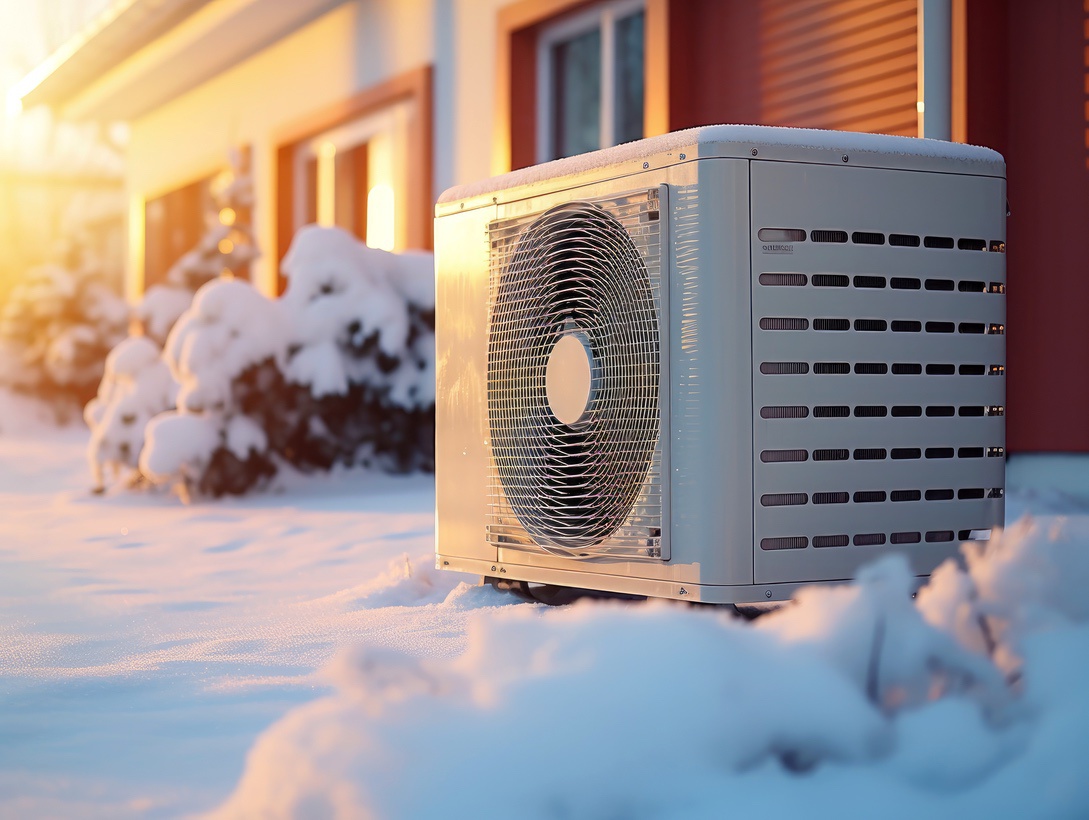 Air source heat pump outside Nebraska home in winter