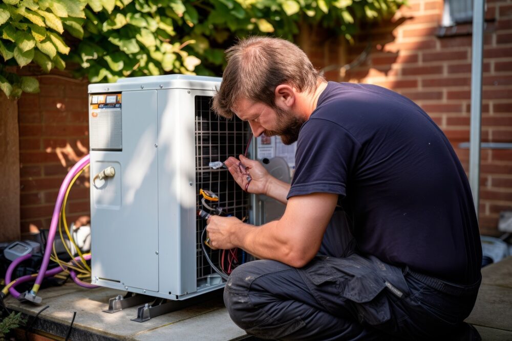 HVAC tech working on outdoor unit of air source heat pump in fall to make it ready for winter